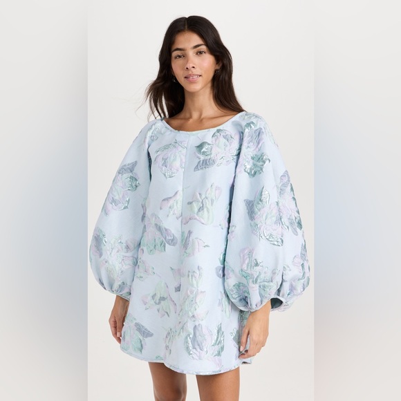 Arianne Elmy Sky Blue Good Luck Floral Metallic Puff Sleeve Mini Party Dress L - Picture 1 of 10